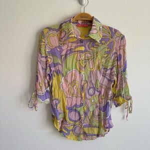 Vintage Belissimo New York Blouse Shirt Paisley Pastel Y2K Tie Sleeves